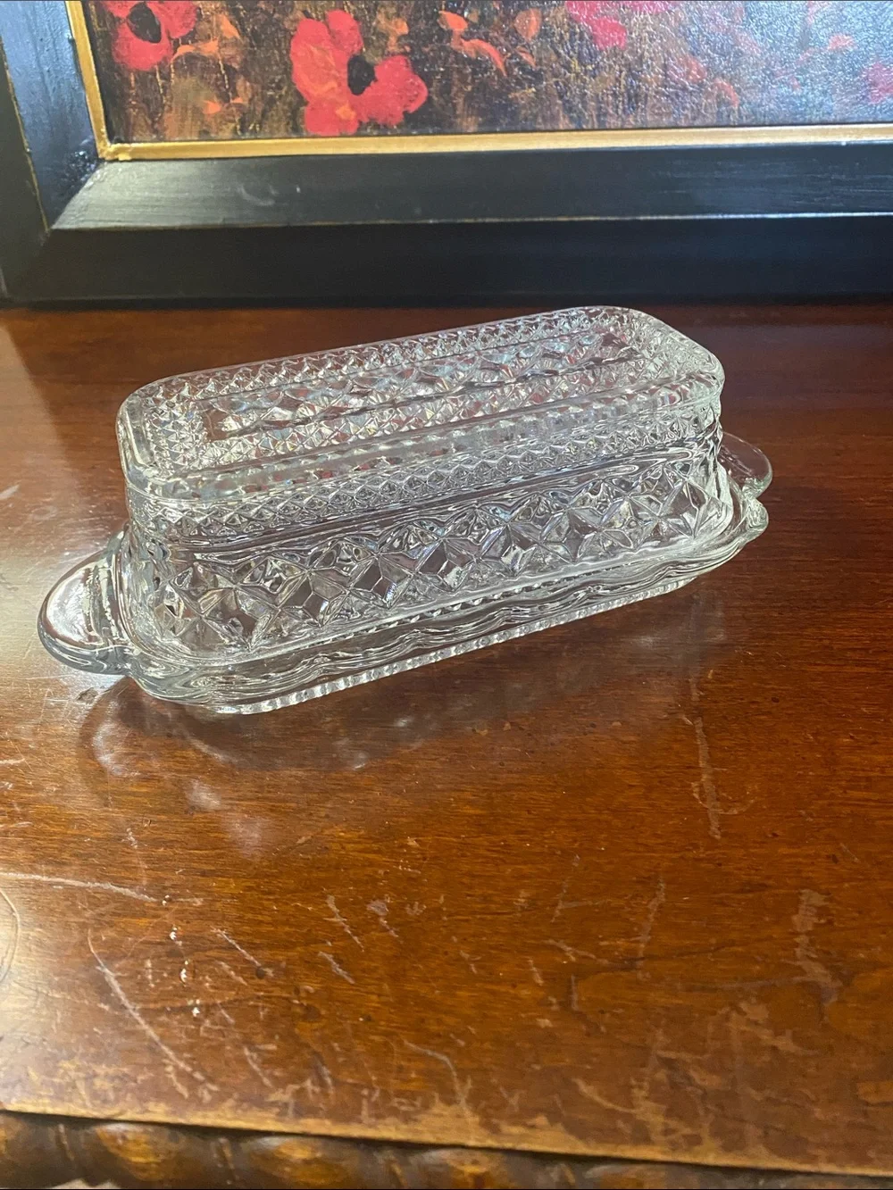 Vintage Anchor Hocking Glass Butter Dish Featuring a Pressed Diamond Cut Design